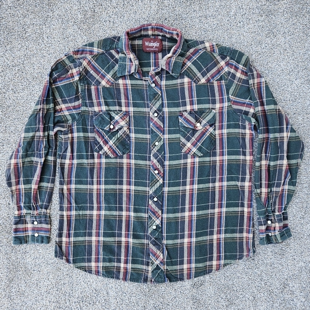 Wrangler Pearl Snap Shirt Brushpopper Flannel Plaid Blue Green Pocket Vintage XL